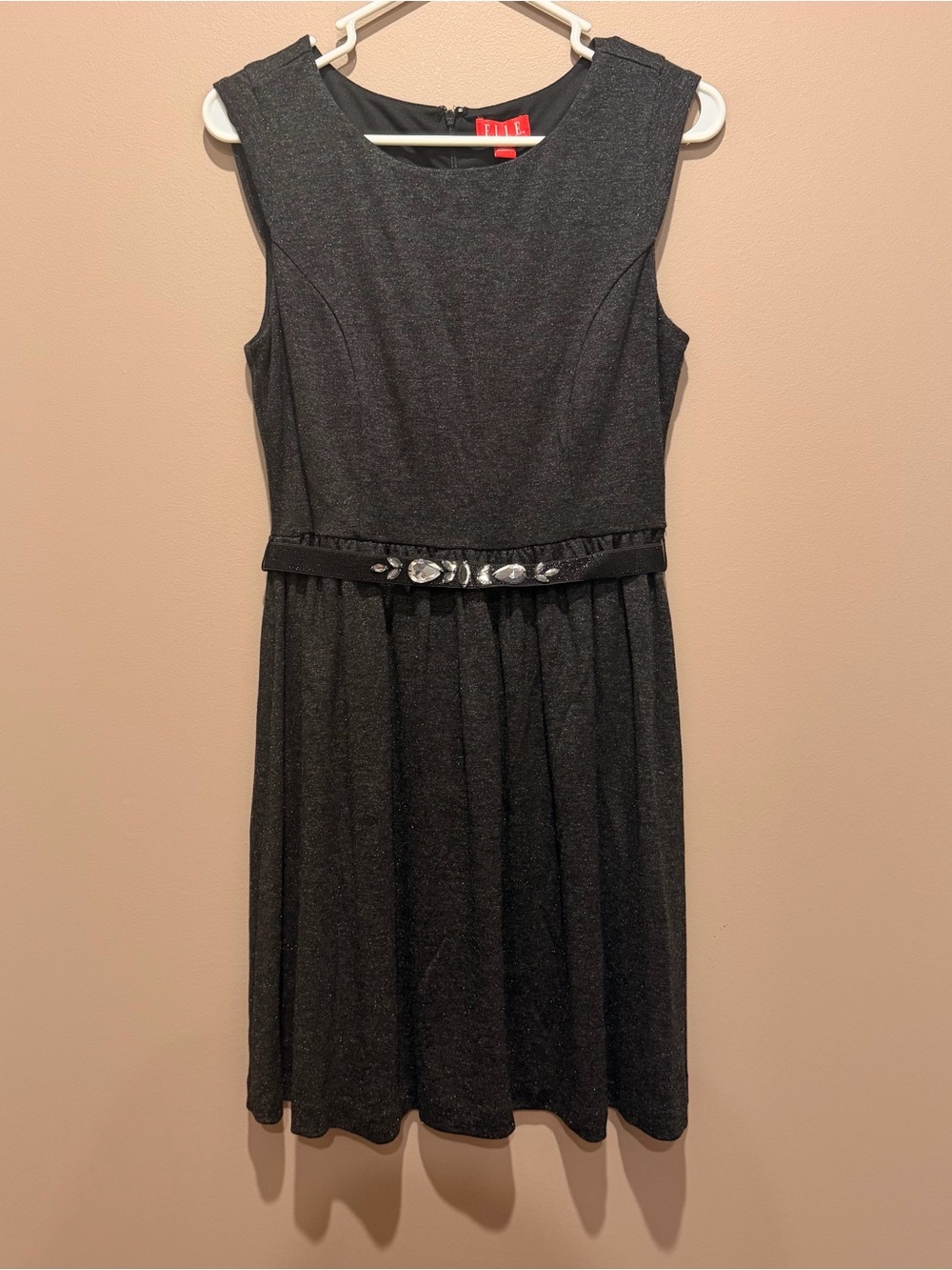 Sleeveless Black Glitter Fit & Flare Dress with Jeweled Waist